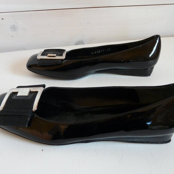 Stuart Weitzman Black Patent Leather Slip On Large Buckle Flats Sz 37 US 6.5 - Picture 7 of 14
